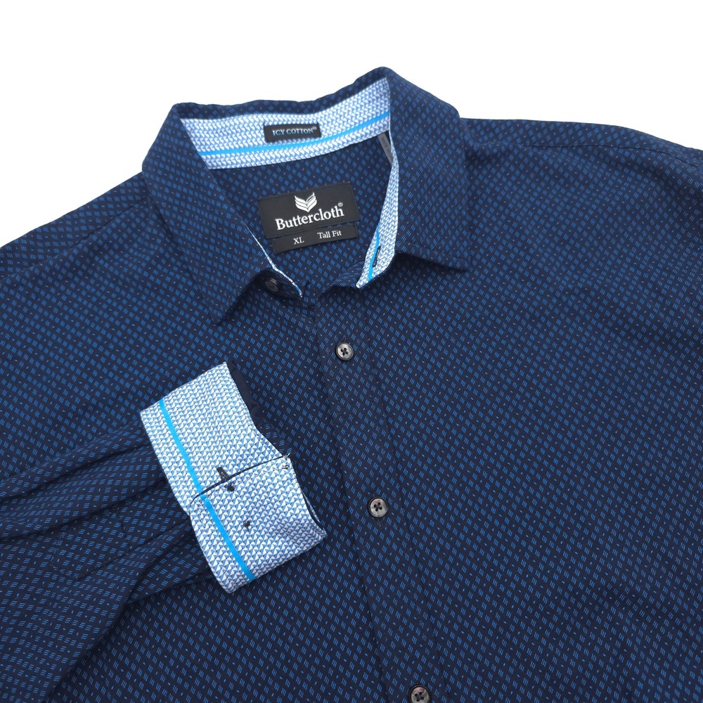 Butter Cloth Icy Cotton Shirt Mens XL Tall Fit Navy Blue Geometric Button Down